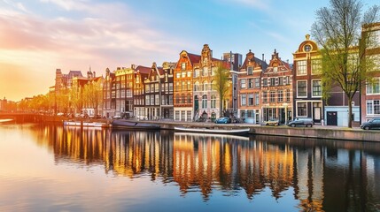 Naklejka premium Golden sunset over Amsterdam’s canal with boats and historic Dutch houses reflecting in the water, capturing the warm glow of European architecture and the charm of this iconic city.