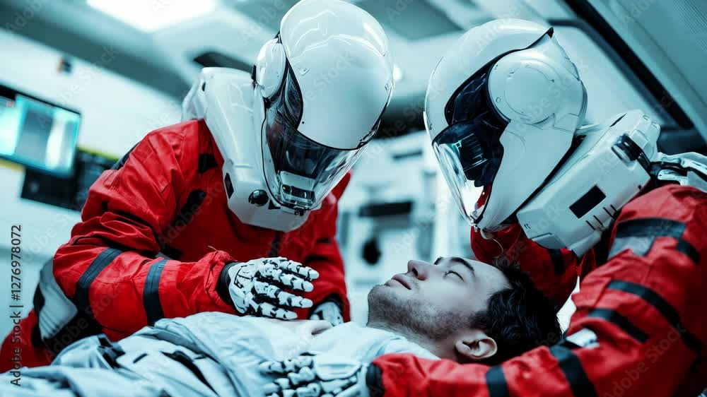 Poster two robotic figures in red suits provide medical care to a patient in a high tech environment with a