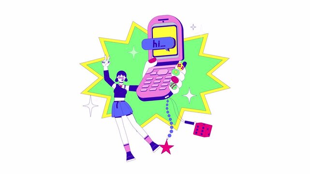 Retro flip phone and 2000s aesthetic 2D animation. Hi text messaging. Girl celebrating bedazzled mobile with Y2K charms animated character cartoon flat concept metaphor 4K video isolated on white