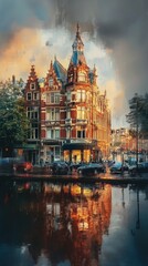 Obraz premium Golden sunset over Amsterdam’s canal with boats and historic Dutch houses reflecting in the water, capturing the warm glow of European architecture and the charm of this iconic city.
