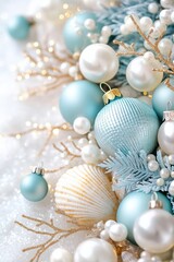 Delicate ocean-themed decorations featuring seashells, pearls, and shimmering ornaments in soft light and elegant details for a serene ambiance