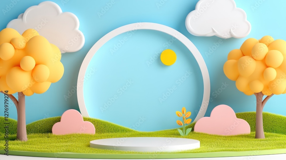 Poster 3d rendering platform with trees and clouds against a soft blue background for product display