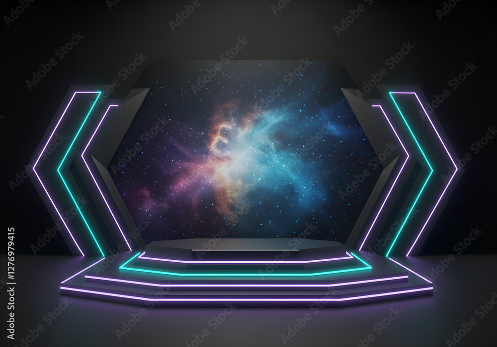 Aufkleber futuristic neon stage platform with space nebula backdrop. modern digital podium with glowing turquo