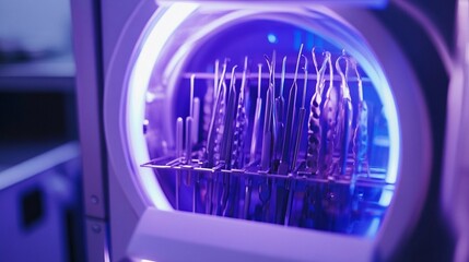 Sterilization process of dental instruments in a modern dental clinic under ultraviolet light