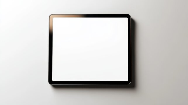 Blank digital tablet screen on white surface with soft shadows