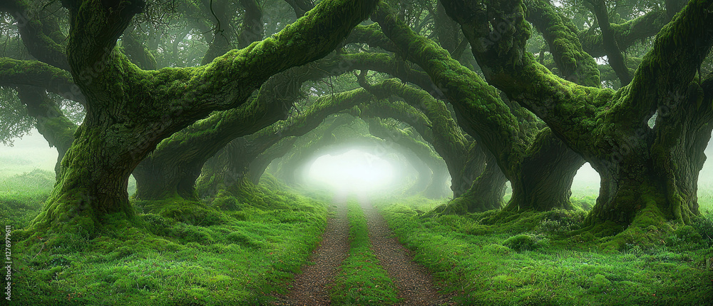 Poster narrow forest path leads into thick fog enveloping moss-covered trees creating an ethereal atmospher