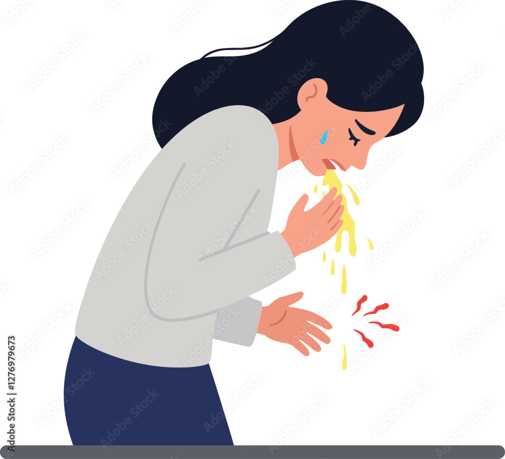Poster a woman bending over in distress with a pained expression while experiencing nausea in a minimal fla