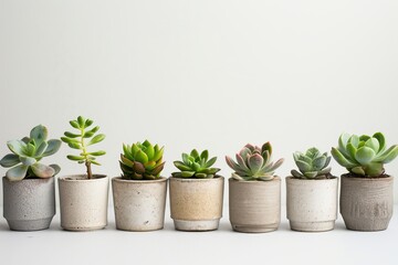 Fototapeta premium A clean, minimalist composition of succulents arranged in a straight row on a white background. 