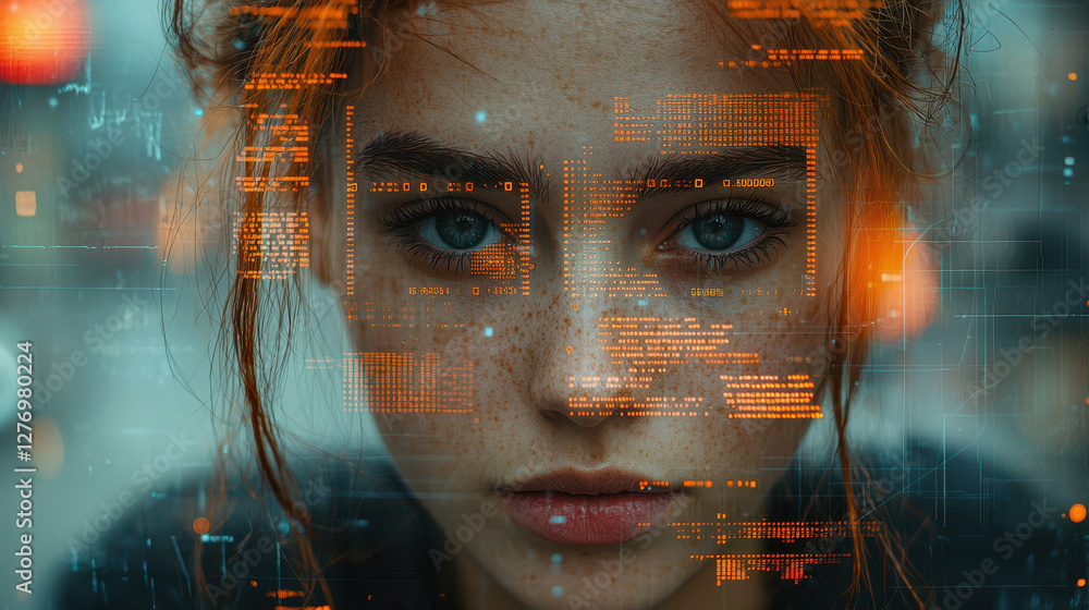 Aufkleber person navigating advanced biometric security gate featuring facial recognition technology and digit