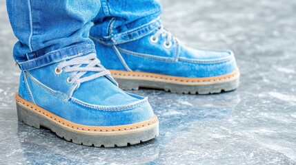A person standing, wearing blue shoes and jeans on a textured surface with reflections on it