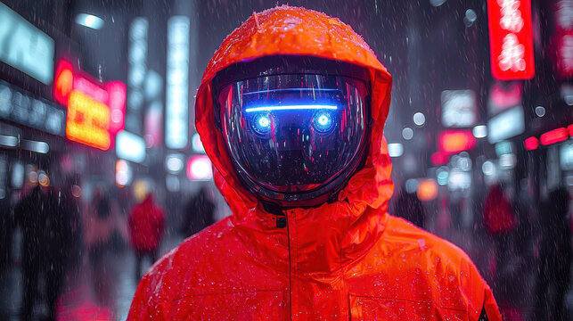 Avoiding AI detection in a neon-lit cyberpunk metropolis amid falling rain, a person equipped with anti-surveillance gear navigates the dark streets filled with lights