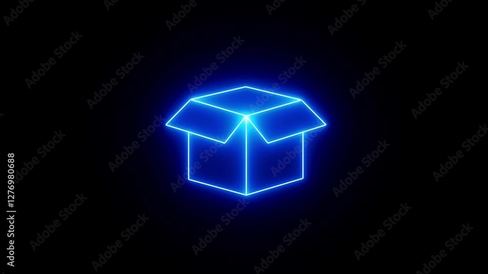 Poster glowing neon line open box package delivery service icon. box package delivery service animation for