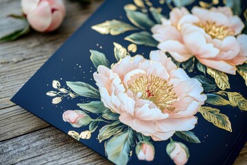 Elegant Mother's Day Card with Peonies and Gold Foil on Navy for Personalized Messages