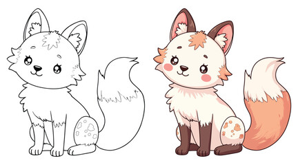 Fox Isolated Line Art Vector Outline Illustration Black and White with Coloring Sample