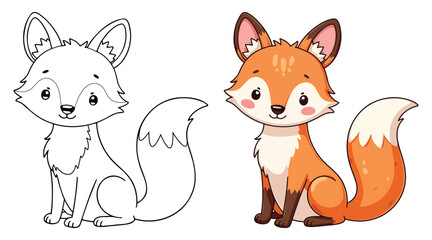 Cute Fox Isolated Line Art Vector Outline Illustration Black and White with Coloring Sample
