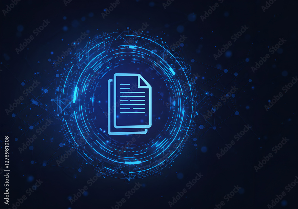 Poster digital document icon with glowing blue circles. futuristic technology concept with neon document sy