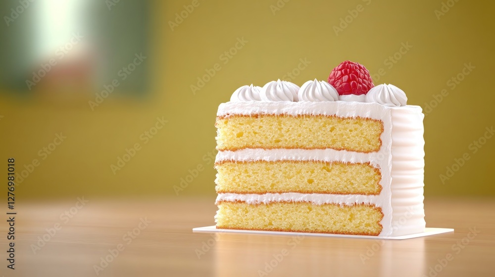 Poster a slice of cake topped with a raspberry on the table. background is blurred and can be used in adver