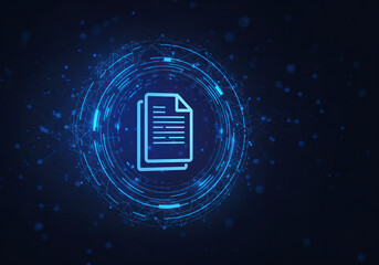 Digital document icon with glowing blue circles. Futuristic technology concept with neon document symbol. Modern business data design for web, app interface or presentation with space