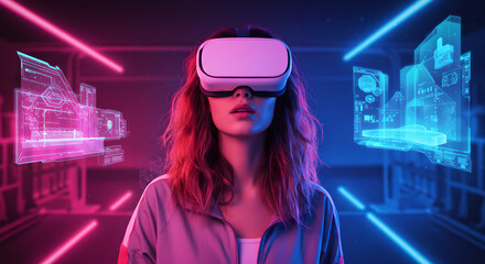 Young woman in VR headset surrounded by neon lights. Caucasian female experiencing virtual reality in pink and blue cyberpunk setting. Modern technology concept for gaming and digital future