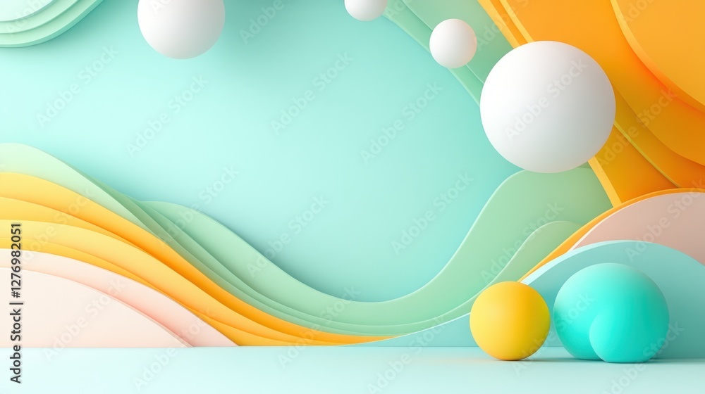 Poster abstract 3d rendering on pastel background with floating spheres for product display or creative des
