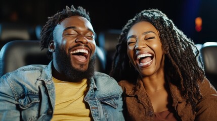 A joyful couple sharing a hearty laugh in a cinema setting, capturing a moment of fun and connection, embodying the excitement of shared experiences in life.