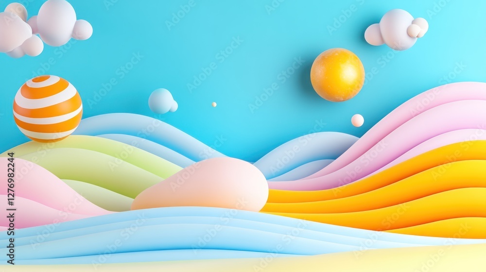 Poster abstract 3d waves with spheres floating in light blue sky backdrop for product display or advertisin