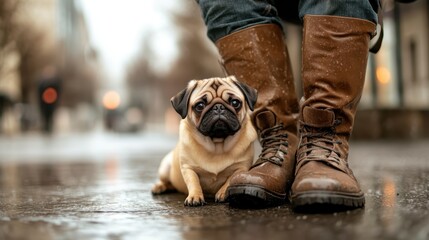 A pug lies comfortably next to its owner's boots during a rainy outing, showcasing the serene loyalty and bond between humans and their canine companions.