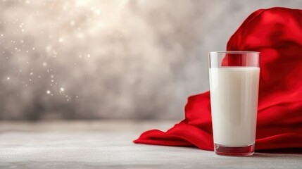 A glass of milk sits elegantly on a surface draped in red fabric, creating a striking contrast that highlights the simplicity and freshness of the beverage.