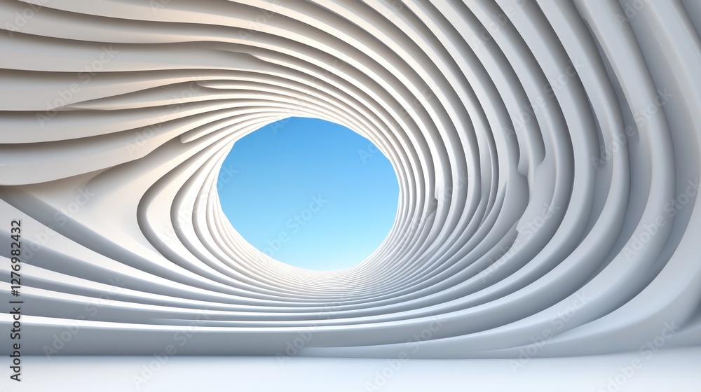 Poster abstract architecture spiral tunnel with blue sky, showcasing building design for architectural use