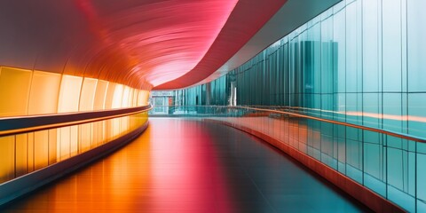 Obraz premium A futuristic corridor with vibrant colors creates an artistic atmosphere. This sleek design highlights glass and light. Perfect for modern architecture themes. AI