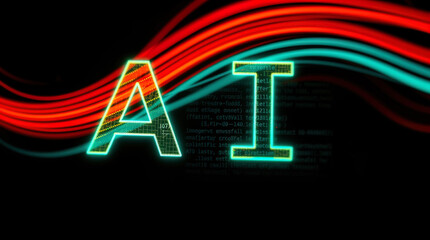 Naklejka premium Abstract neon technology background with AI text and programming codes with blueprint outlines on black background