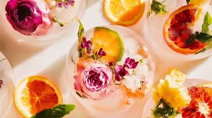 ethereal close-up of floral ice spheres, each encasing delicate pink, purple, and white flowers within crystal-clear ice for a summer party