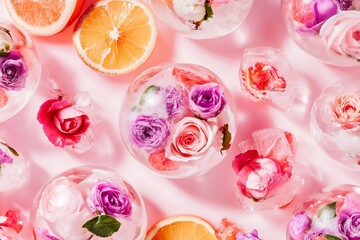 ethereal close-up of floral ice spheres, each encasing delicate pink, purple, and white flowers within crystal-clear ice for a summer party