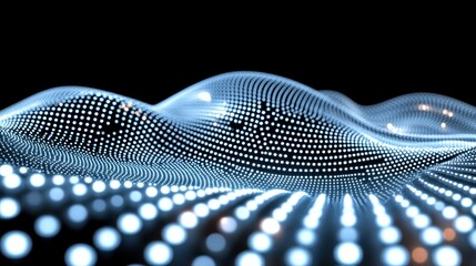 Abstract blue glowing dots creating a wave pattern in a black background for technology usage