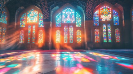 Obraz premium Colorful Stained Glass Windows in Historic Architectural Interior