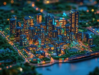 Obraz premium Night City Lights: Urban Skyline Glows Brilliantly at Dusk