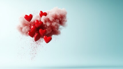 A visual explosion of red heart shapes surrounded by soft colorful clouds, conveying themes of love, romance, and emotional connection in a captivating way.
