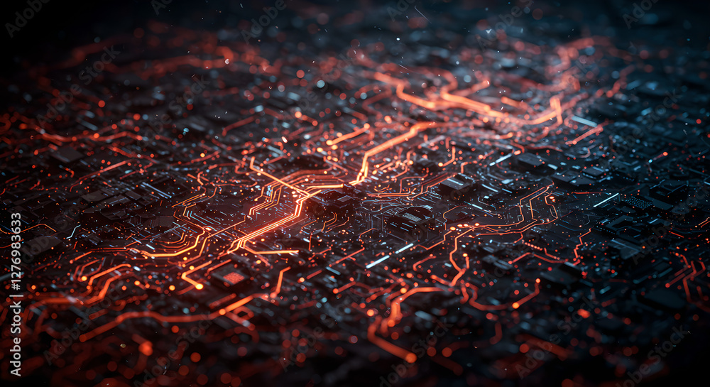 Poster glowing orange circuit pattern on dark background. digital technology network visualization. abstrac
