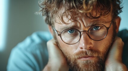 A thoughtful man with curly hair and glasses, expressing a deep emotional response while resting his head in his hands, showcasing vulnerability and introspection.