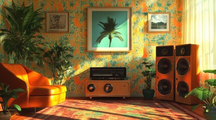 Retro living room with vintage stereo system, speakers, and indoor plants in warm lighting
