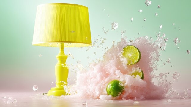A vivid explosion of lemons surrounded by splashes and a bright yellow lamp evokes a lively and refreshing atmosphere, portraying energy and creativity in a unique composition.