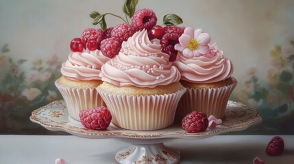 Delicate raspberry vanilla cupcakes with floral adornments on elegant cake stand