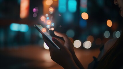 closeup of hand holding smartphone in dark urban setting with social media icons floating above screen copyspace concept of digital marketing, communication, technology