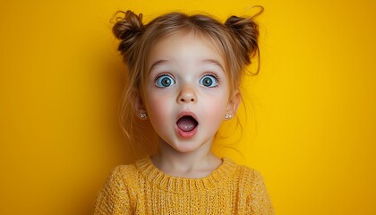 A portrait a surprised and happy little girl with her mouth open in amazement, isolated on a vivid yellow background.