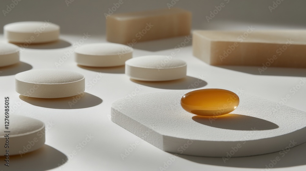 Aufkleber a close-up view of various textured shapes and a glossy capsule on a minimalist surface