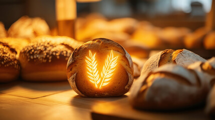 glowing gluten free icon on freshly baked bread in bakery setting, symbolizing health and wellness. warm ambiance enhances inviting atmosphere