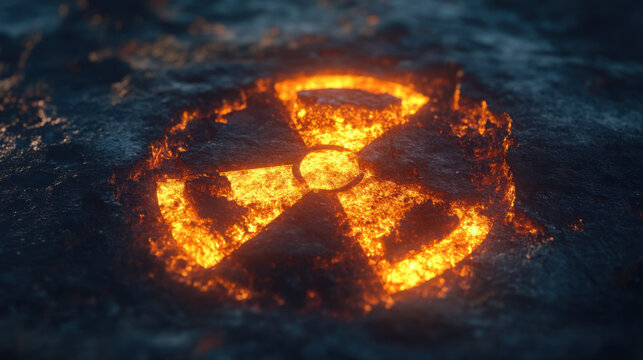 glowing radiation hazard symbol on dark surface, emitting intense orange light, evokes sense of danger and caution