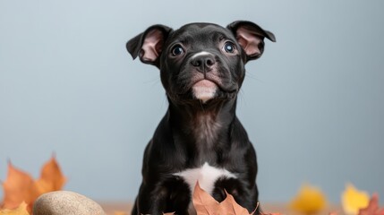Obraz premium A confident black puppy sits gracefully among fallen autumn leaves, showcasing its adorable features while embodying a sense of curiosity and exploration in nature.