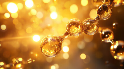 Golden molecules glimmering in vibrant background, representing essence of Vitamin E. luminous orbs create sense of vitality and energy, highlighting their importance in health and beauty