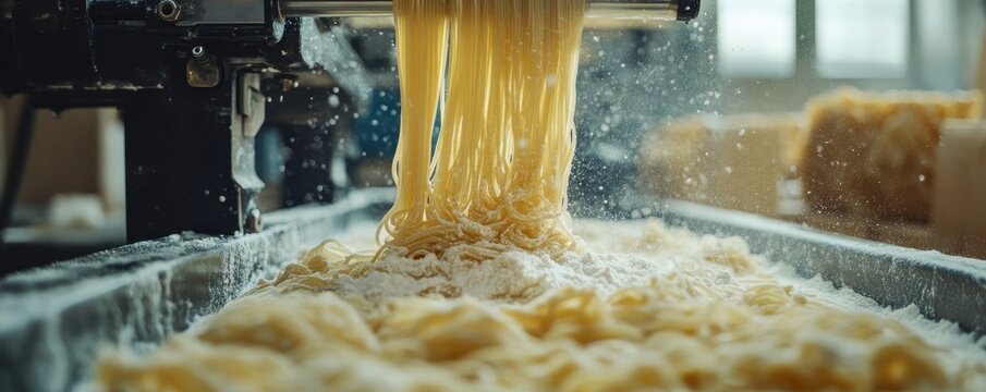 Fresh pasta making in factory with flour dust and rolling machine
